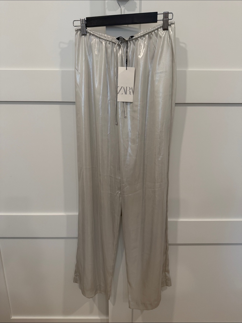 Zara Shimmery Light Silver Wide-Leg Satin Pants